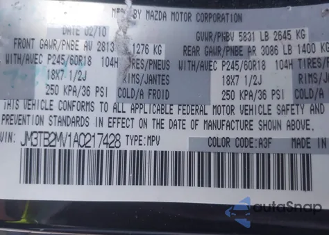 2010 Mazda Cx-9 Touring from USA, damaged, VIN JM3TB2MV1A0217428